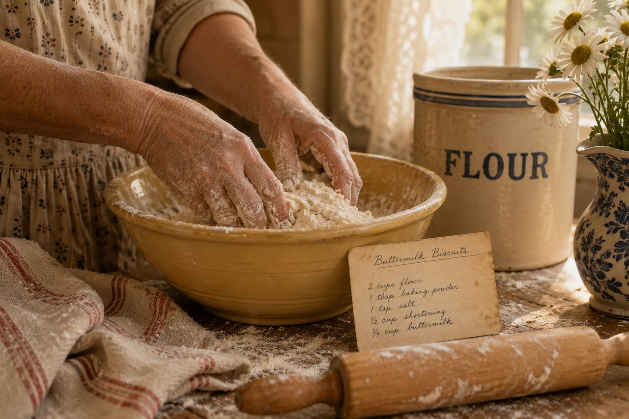 Weathered hands working biscuit dough in a worn butter-yellow bowl beside a FLOUR crock and an old recipe card