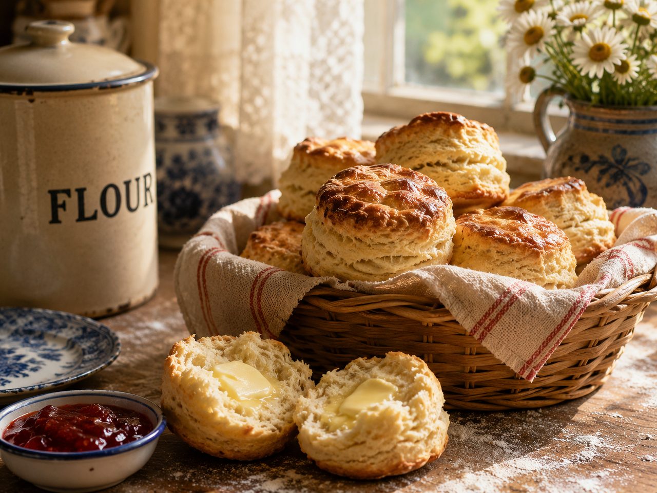 A basket of tall golden buttermilk biscuits, one split open with butter