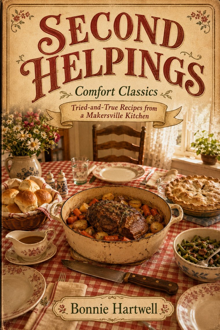 Second Helpings: Comfort Classics — a cookbook by Bonnie Hartwell. A Sunday table set with pot roast, rolls, and a pie.