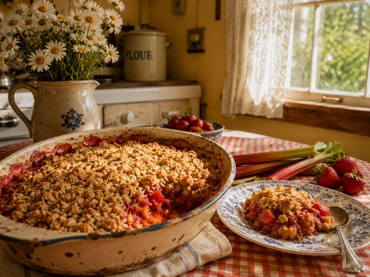 A golden strawberry-rhubarb crumble in a worn enamel dish, one serving on a blue-and-white plate