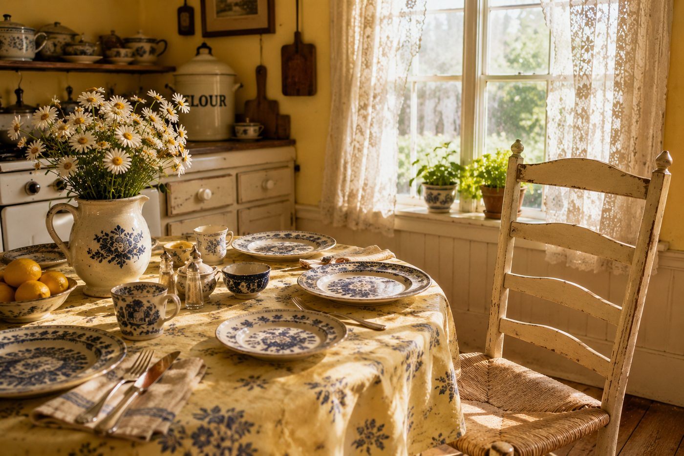 A sunny yellow kitchen table set with blue-and-white china and an empty ladder-back chair pulled out