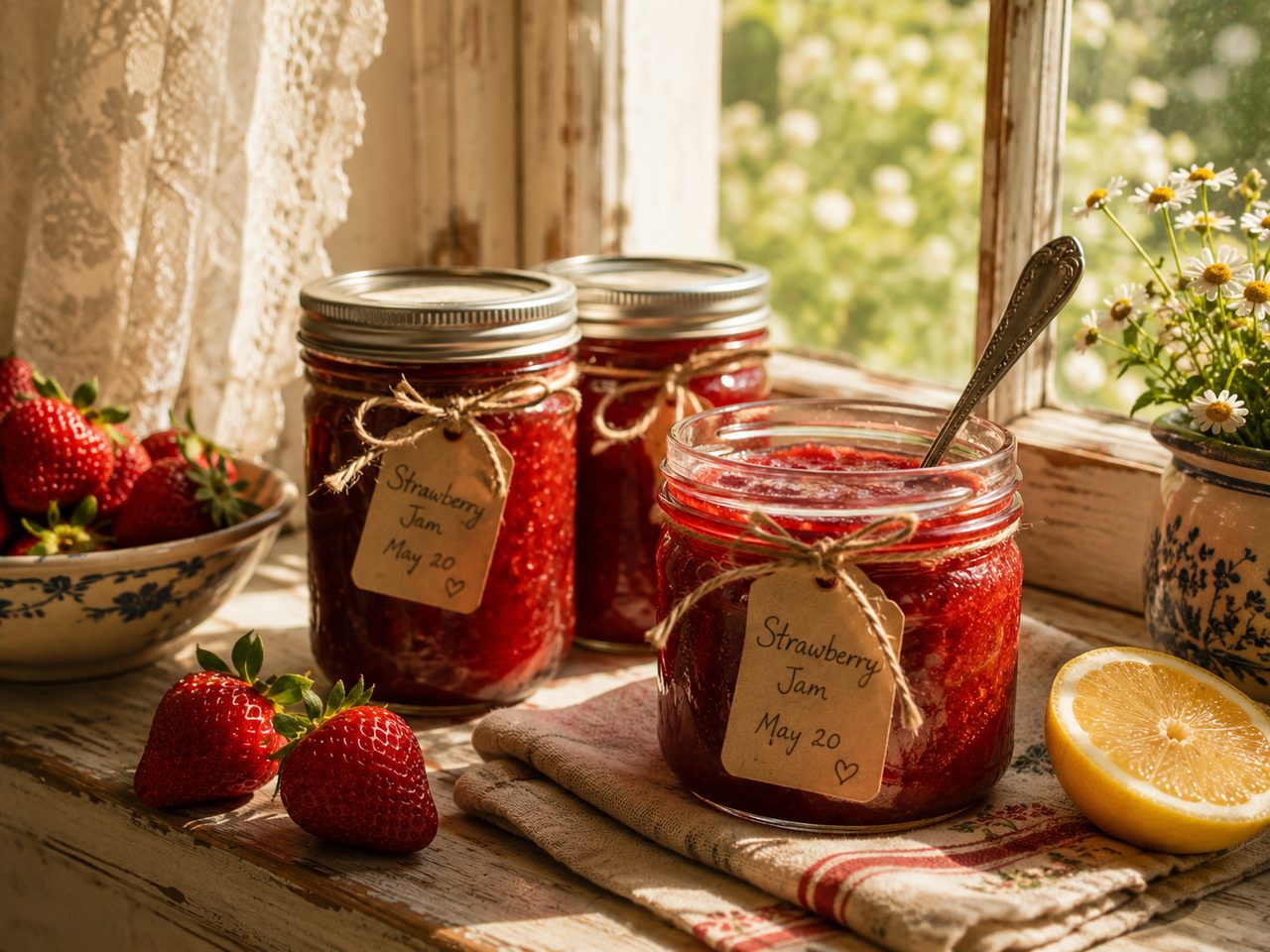 Jars of homemade strawberry jam tied with twine on a sunlit windowsill