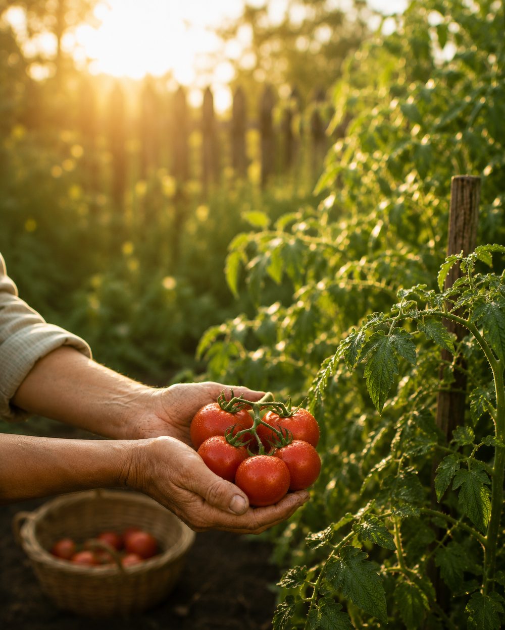 Weathered hands holding ripe tomatoes from the garden in golden evening light